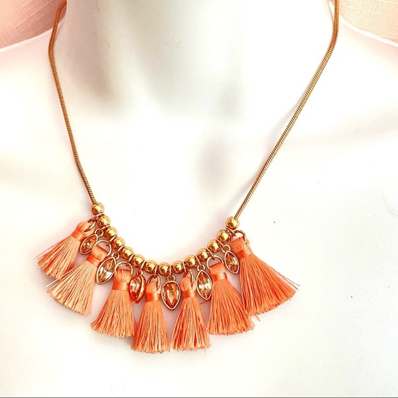 CHAPS Peach Cotton Tassels Necklace Goldtone Chain with Rhinestones - Picture 10 of 10